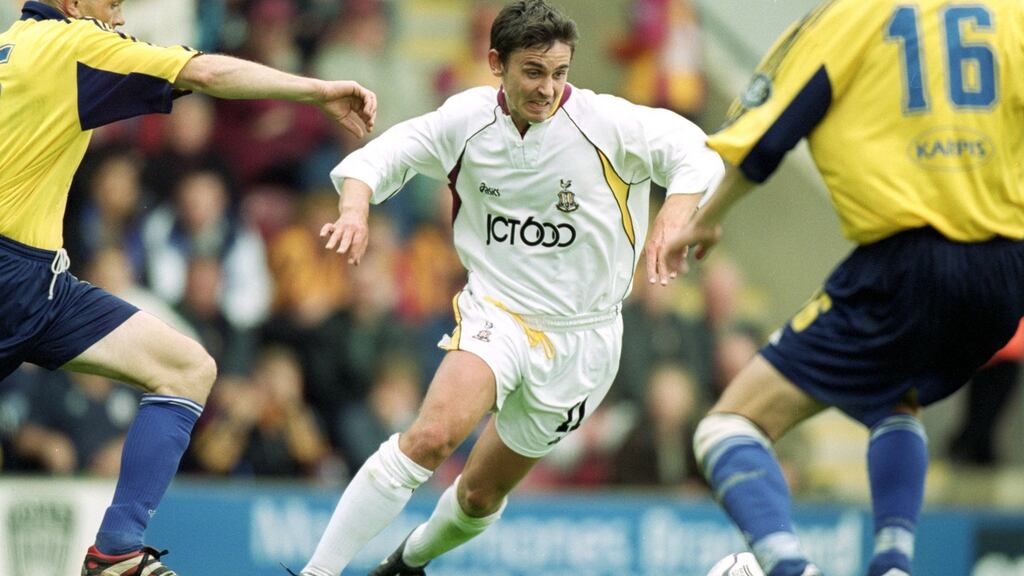 Gareth Whalley of Bradford City in action during the UEFA Intertoto Cup second round second leg against FK Atlantas at Valley Parade in Bradford in July 2000. Bradford City won the match 4-1. Photograph: Mark Thompson/Allsport