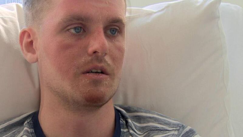 Rescued surfer Matthew Bryce, who spent 32 hours at sea before being rescued by a British coastguard helicopter. Video grab: BBC News/PA Wire
