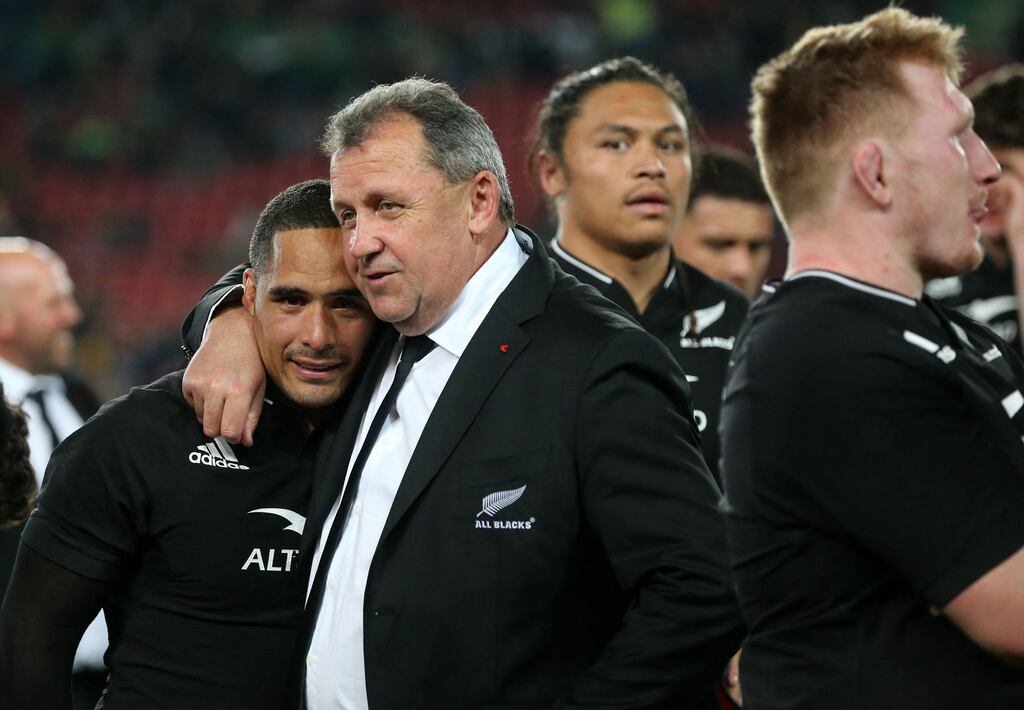 New Zealand head coach Ian Foster with Aaron Smith after Saturday's win over South Africa. Photograph: Getty Images