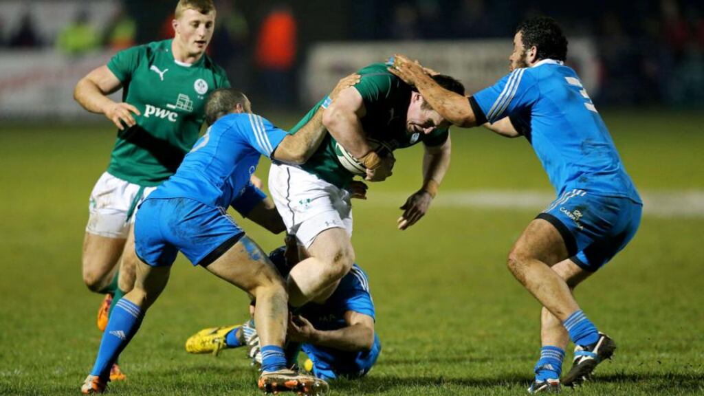 Ireland’s Peter Dooley with Federico, Gabriele De Santis and Simome Ferrari of Italy. Photograph: Ryan Byrne/Inpho