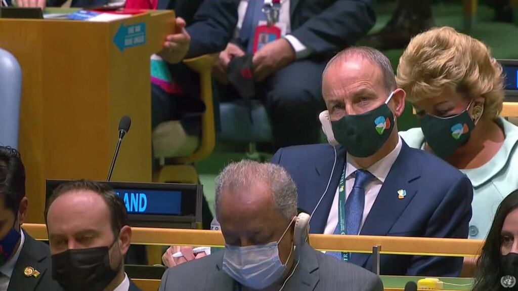 Taoiseach Micheál Martin attending the opening ceremony of the UN General Assembly 2021 in New York. Photograph: Irish Foreign Ministry Twitter account