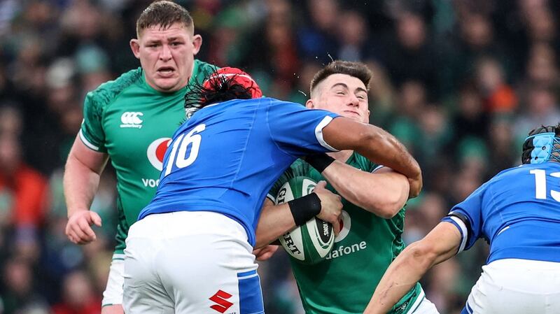 Ireland’s Dan Sheehan is tackled high by Hame Faiva of Italy, resulting in a red card, at the Aviva Stadium on Sunday. Photograph: Dan Sheridan/Inpho