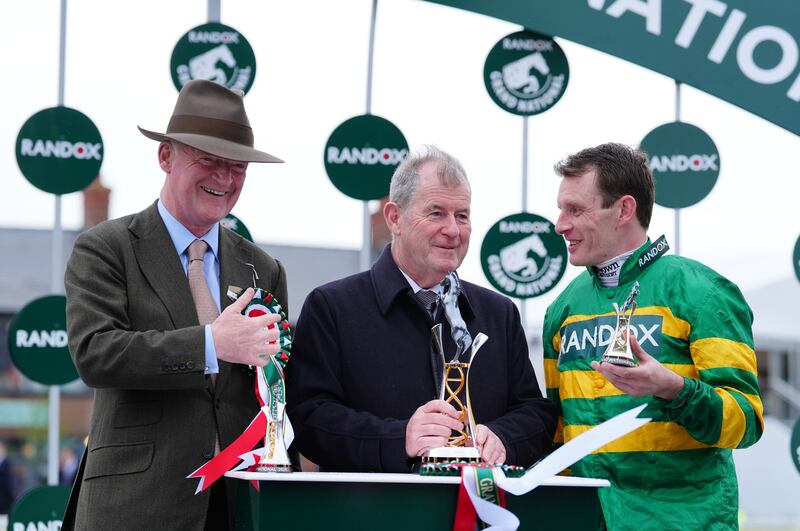 Trainer Willie Mullins, owner JP McManus and jockey Paul Townend after I Am Maximus won the Randox Grand National at Aintree. Photograph: Peter Byrne/PA Wire