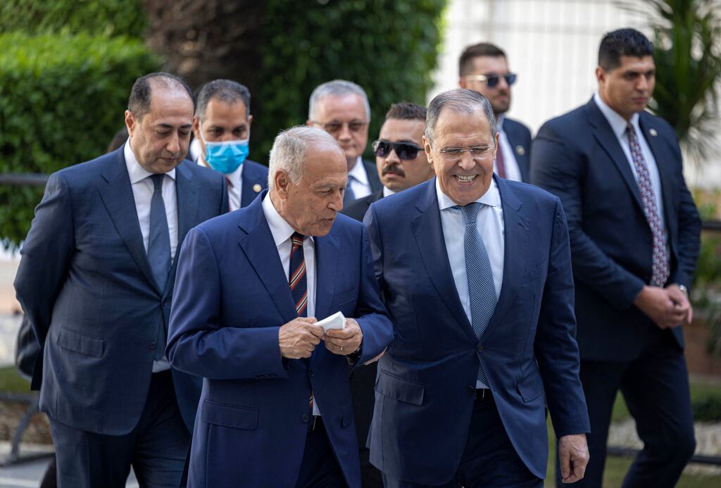 Arab League secretary general Ahmed Aboul Gheit (left) with Russian foreign minister Sergei Lavrov who addressed the Arab League at its Cairo HQ. Photograph: Khaled Desouki/Getty Images