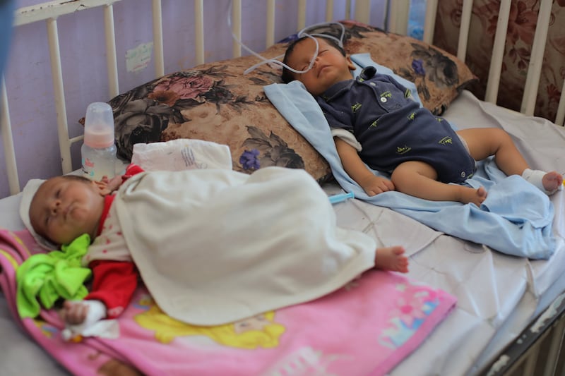 Severely malnourished children receiving medical treatment at the Al-Aqsa Martyrs Hospital in Deir al-Balah, Gaza Strip, on Tuesday. Photograph: Hassan Jedi/Anadolu via Getty Images
