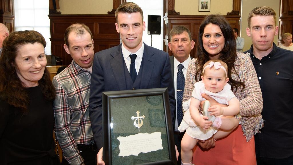 Seamus Coleman with his family at a reception in Lifford to mark his receipt of the Freedom of the County from Donegal County Council. Photograph: Clive Wasson
