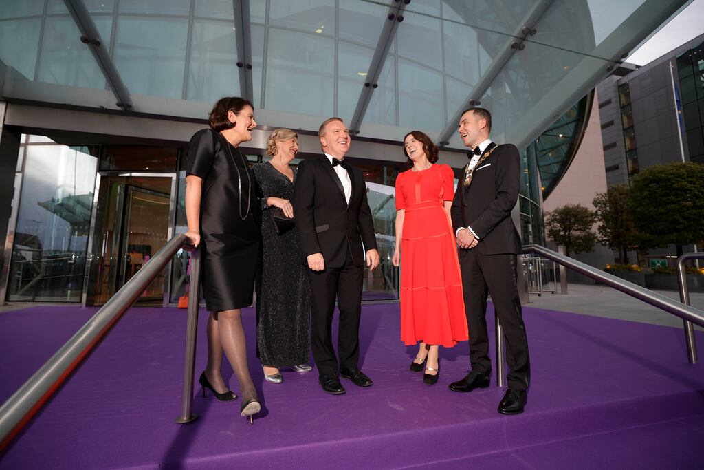 At Dublin Chamber's annual dinner in the Convention Centre were (from left) Cathy Bryce, managing director of AIB Capital Markets; Mary Rose Burke, chief executive of Dublin Chamber; Michael McGrath, Minister for Finance; Rosheen McGuckian, chief executive of NTR and Stephen O’Leary, Dublin Chamber president and Olytico founder. Photograph: Conor McCabe