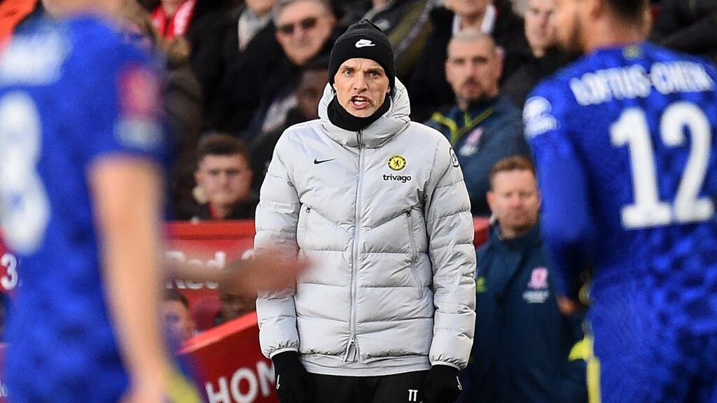 Chelsea’s German head coach Thomas Tuchel looks on during the English FA cup quarter-final victory over Middlesbrough at the Riverside Stadium Photograph: Oli Scarff/AFP
