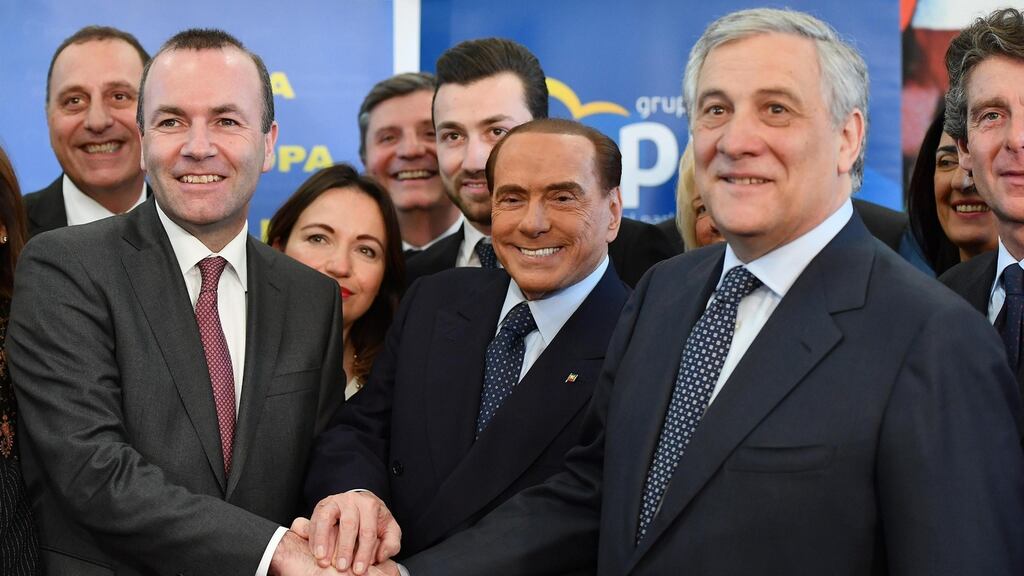 Former Italian premier Silvio Berlusconi (centre) with European People’s Party president Manfred Weber (left), and president of the European Parliament Antonio Tajani, in Rome this week. Photograph:  Ettore Ferrari/ANSA/AP