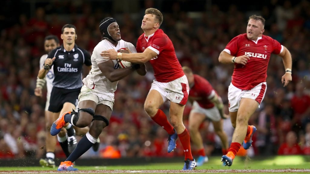 Dan Biggar tackles Maro Itoje during Wales’ win over England in Cardiff. Photograph: David Davies/PA