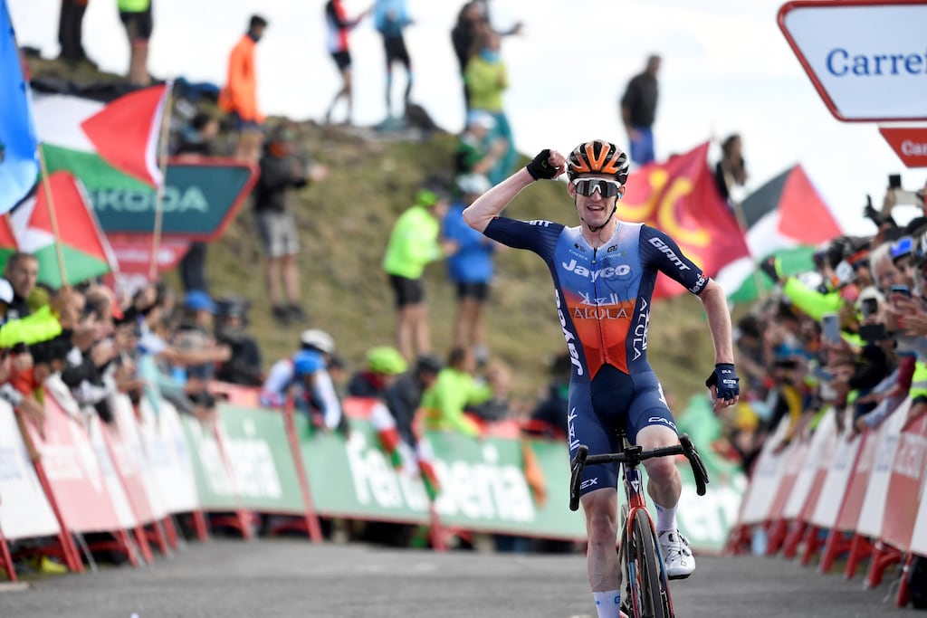 Ireland's Eddie Dunbar celebrates crossing first the finish line to win stage 20 of the Vuelta a Espana between Villarcayo and Picon Blanco. Photograph: Ander Gillenea/AFP via Getty Images