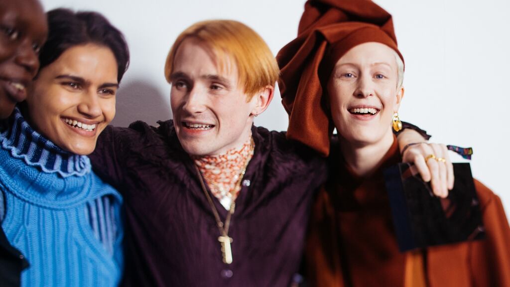 Richard Malone with models wearing his collection. Photograph: Woolmark Prize