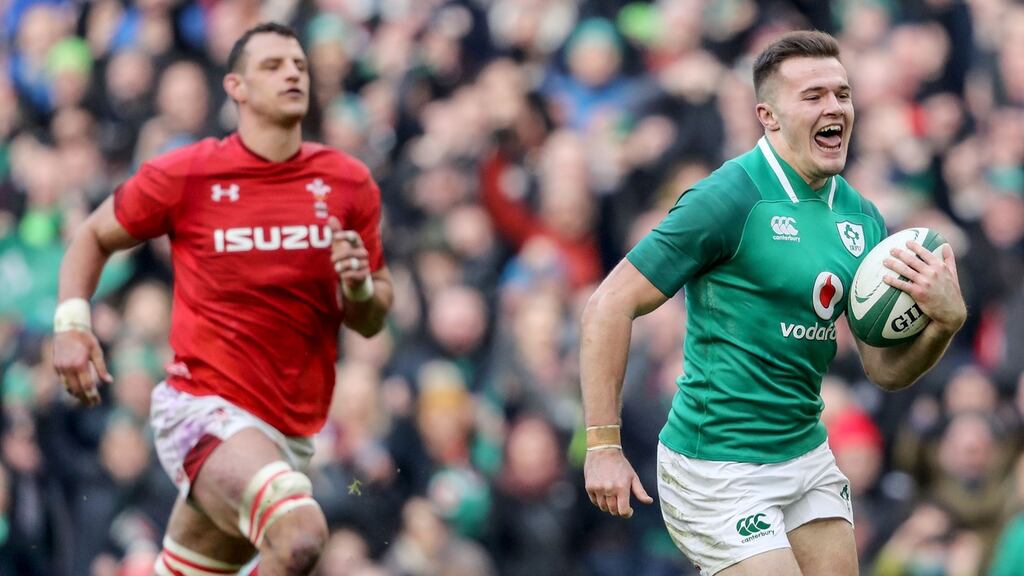 Jacob Stockdale runs in to score Ireland’s crucial fifth try against Wales. Photograph: Dan Sheridan/Inpho