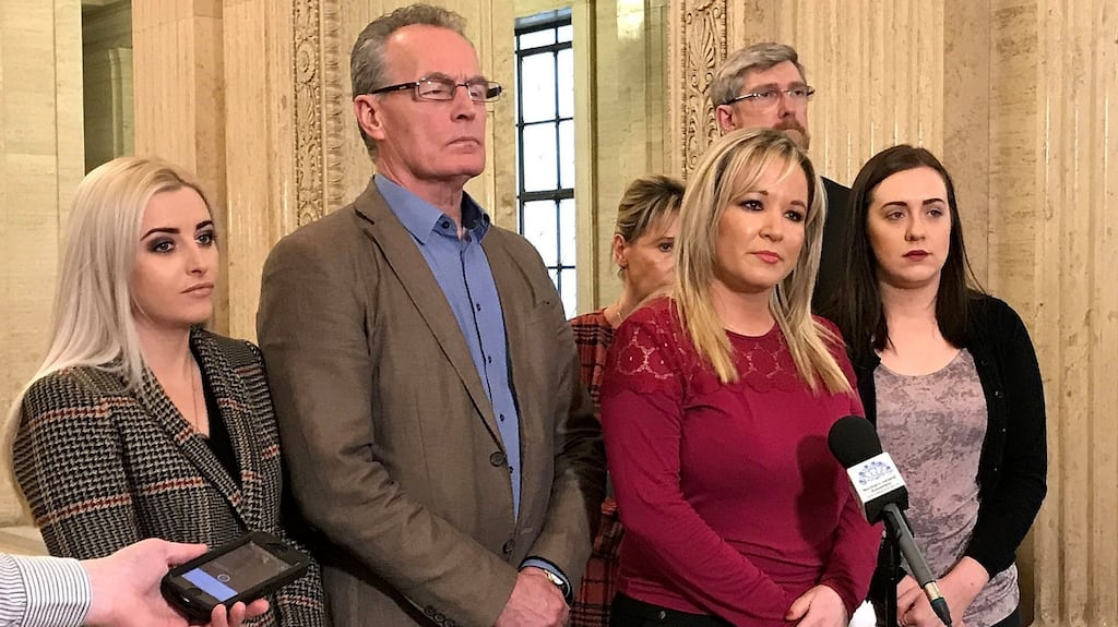 Sinn Fein leader Michelle O’Neill talking to the media in Parliament buildings, Stormont, as the party accused the British Government of wanting powersharing in Northern Ireland to fail. Photograph: Deborah McAleese/PA Wire