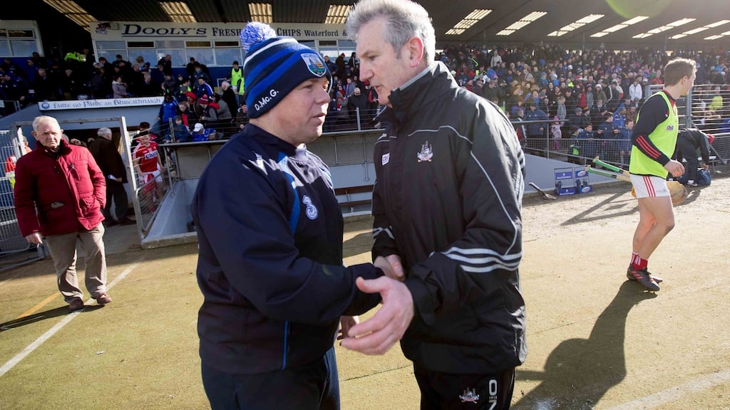 Waterford manager Derek McGrath with Cork manager Kieran Kingston after the recent league clash at Walsh Park. Photograph: Morgan Treacy/Inpho