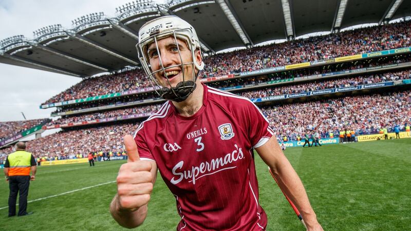 Galway’s Daithi Burke celebrates after winning the All-Ireland in September. Photo: James Crombie/Inpho