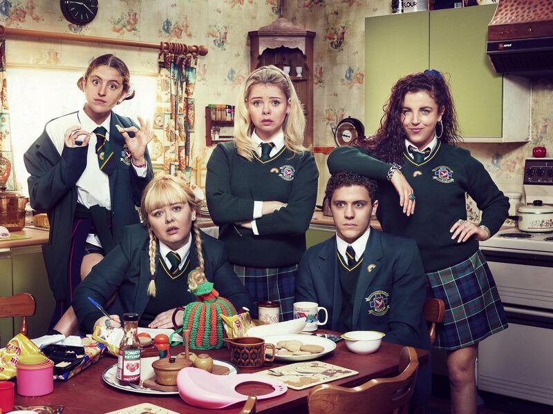 Derry Girls: Nicola Coughlan (bottom left) with Louise Harland, Saoirse-Monica Jackson, Dylan Llewellyn and Jamie-Lee O’Donnell
