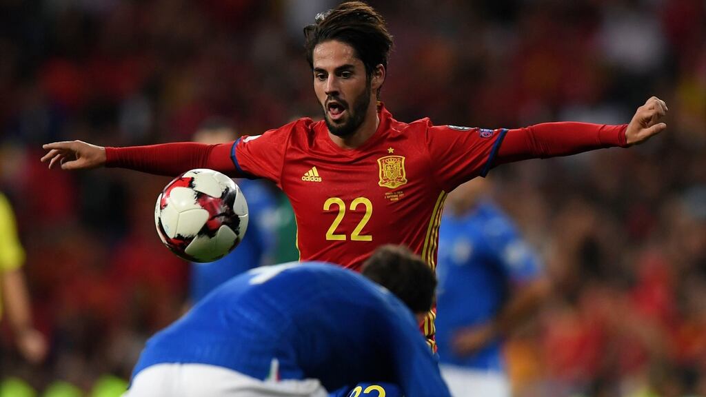 Spain’s midfielder Isco eyes the ball during the World Cup 2018 qualifier against Italy at the Santiago Bernabeu. Photograph: Getty Images