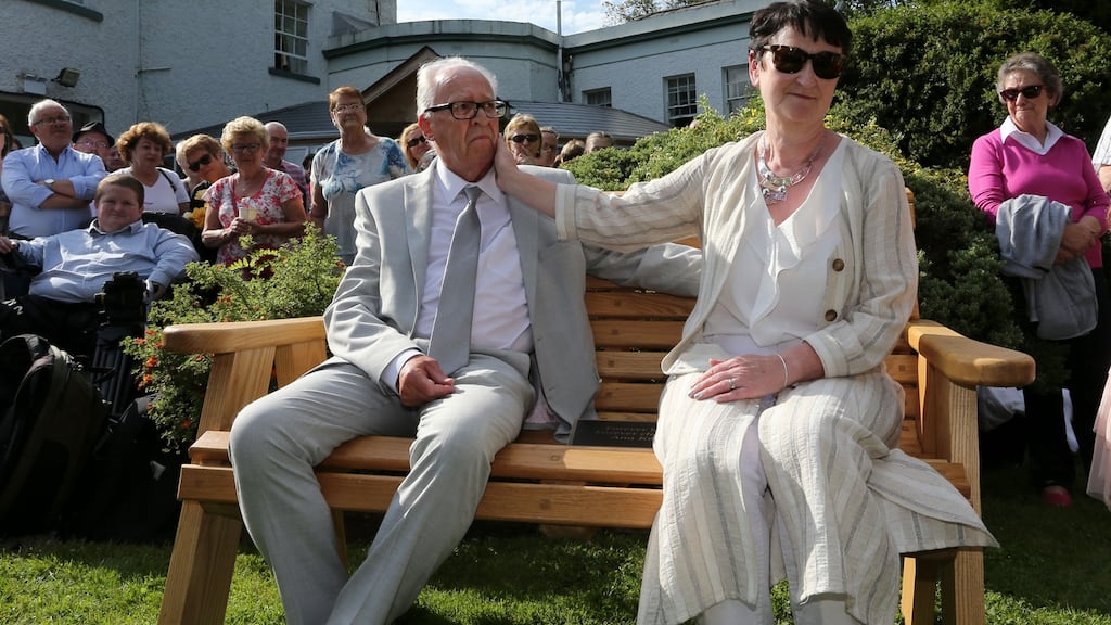 Patric and Geraldine Kriégel at the planting of a tree and the unveiling of bench and plaque in memory of their murdered daughter Ana, in the grounds of the Leixlip Manor Hotel, on Saturday. Photograph: Crispin Rodwell