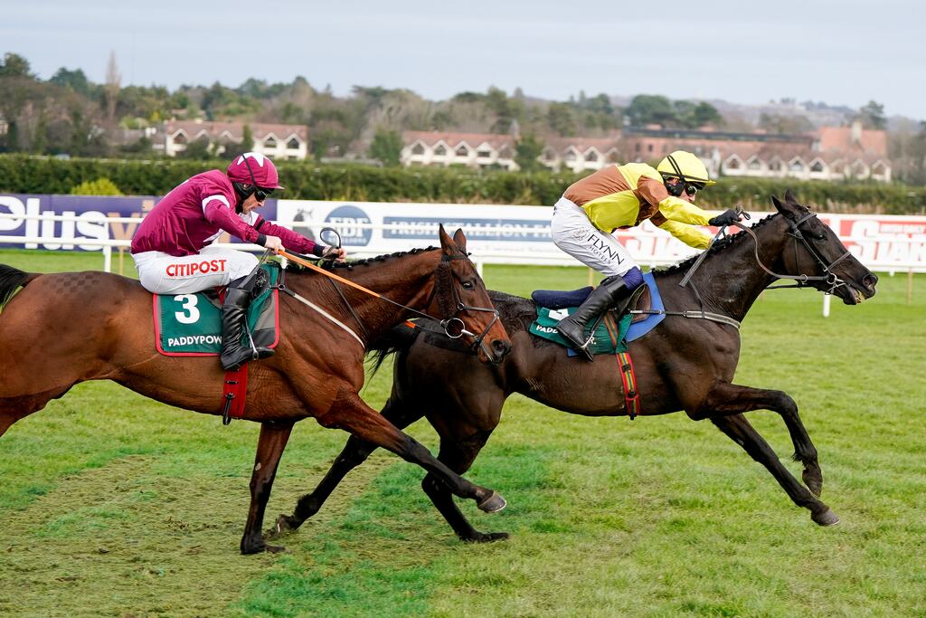 Paul Townend brings Galopin Des Champs (right) clear to win Irish Gold Cup at Leopardstown. Photograph: Alan Crowhurst/Getty Images
