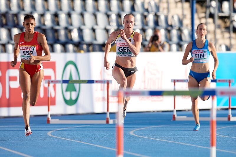 Salma Celeste Paralluelo competes in the women's 400m hurdles during the European Athletics Team Championships in 2019. Photograph: Adam Nurkiewicz/Getty Images