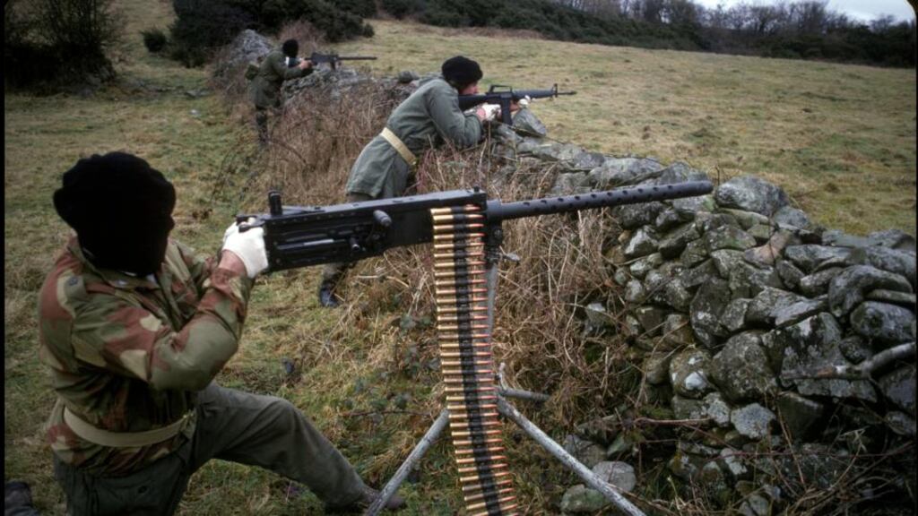 Republican paramilitaries training in a still from a propaganda video. The Kingsmill murders were carried out by a group calling itself the South Armagh Republican Action Force. Photograph: Getty Images