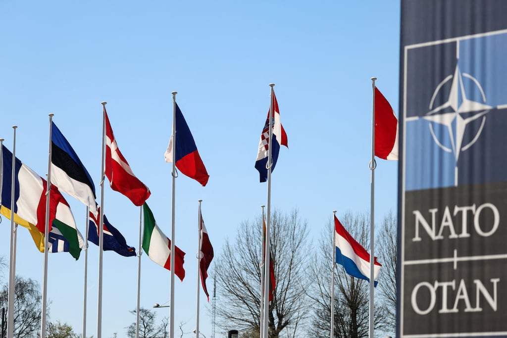 A flag-raising ceremony to add the Finnish flag to those of the other members will take place at Nato headquarters on Tuesday. Photograph: Kenzo Tribouillard/AFP via Getty Images