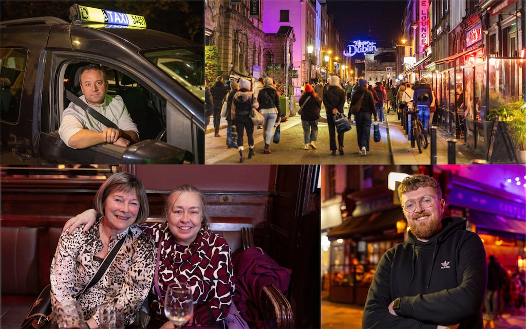 Counter clockwise from top left: taxi driver Daniel Breslin, Leslie Fagan and Julie McGuire in The Flowing Tide pub and Grogan's barman Daniel Smith. Photographs: Tom Honan