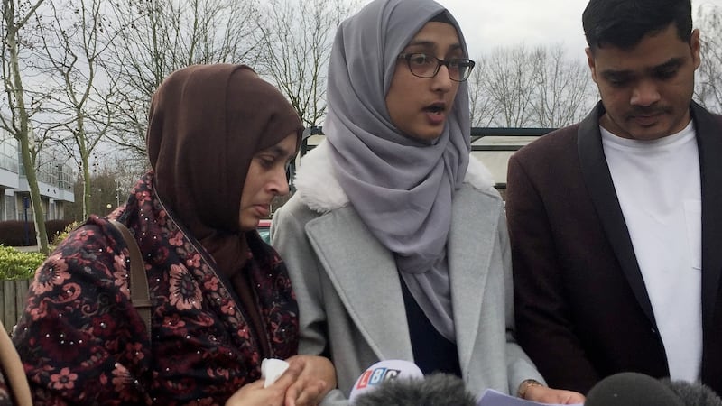 Ruzina Akhtar (centre), the daughter of Finsbury Park attack victim Makram Ali, reads a statement to the media outside Woolwich crown court on Friday after Darren Osborne was jailed for at least 43 years. Photograph: Sally Wardle/PA Wire