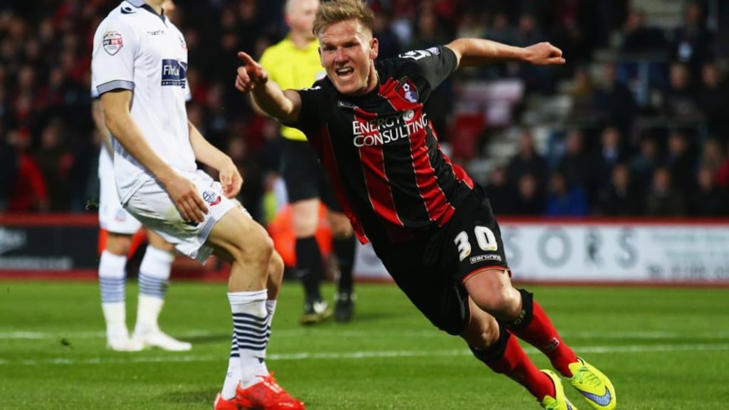 Matt Ritchie celebrates after scoring Bournemouth’s second against Bolton at the Goldsands Stadium. Photograph: Clive Rose/Getty Images