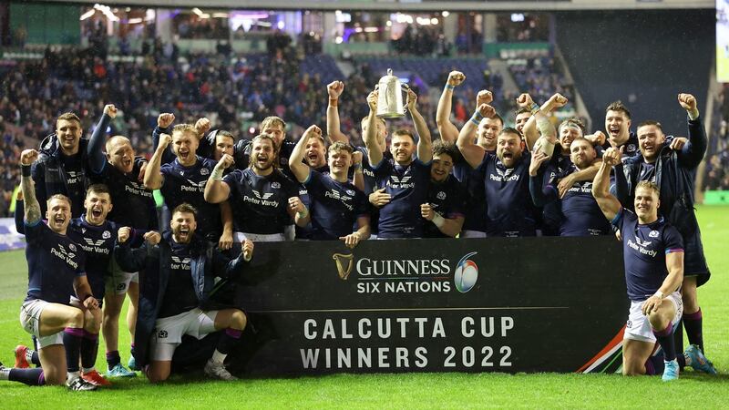 Scotland celebrate with the Calcutta Cup. Photograph: Steve Welsh/PA