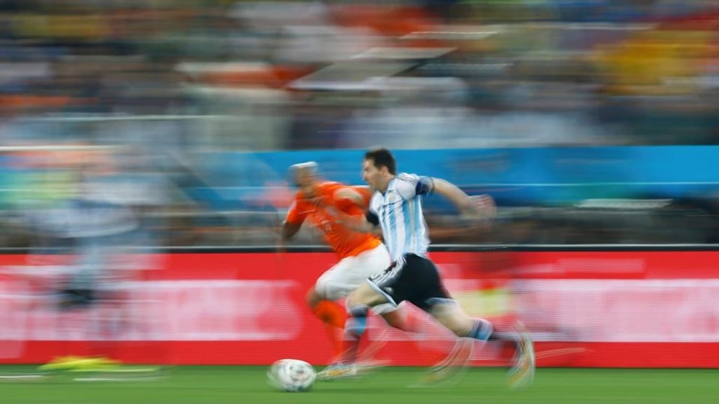 Nigel de Jong was seen by Johnny Giles as the only plan to stop Argentina’s Lionel Messi. Photograph: Dominic Ebenbichler/Reuters