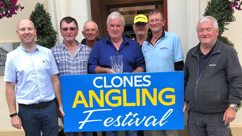 P McCarville (Creighton Hotel), P McCaffrey (2nd), J Potters (3rd), R O’Neill (winner) and D McGurk (Clones AC) at the annual Clones coarse angling festival.
