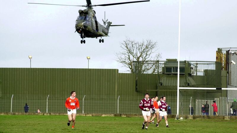 A British Army helicopter lands at Crossmaglen military base during a clash between Armagh and Galway in 1999. Photograph: Stephen Davison/Pacemaker