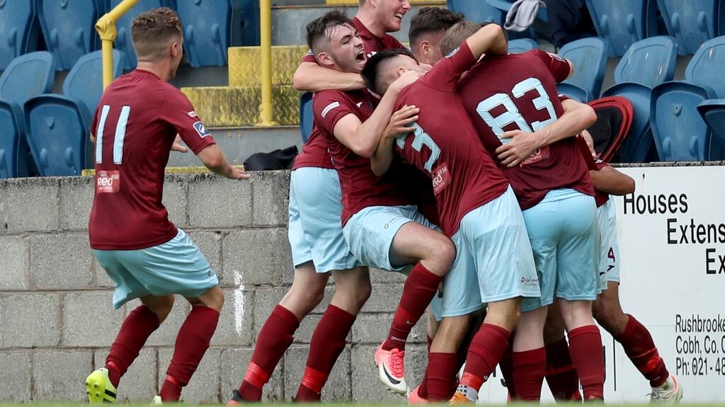 Cobh celebrate Christopher Hull’s goal against Dundalk. Photograph: Oisin Keniry/Inpho
