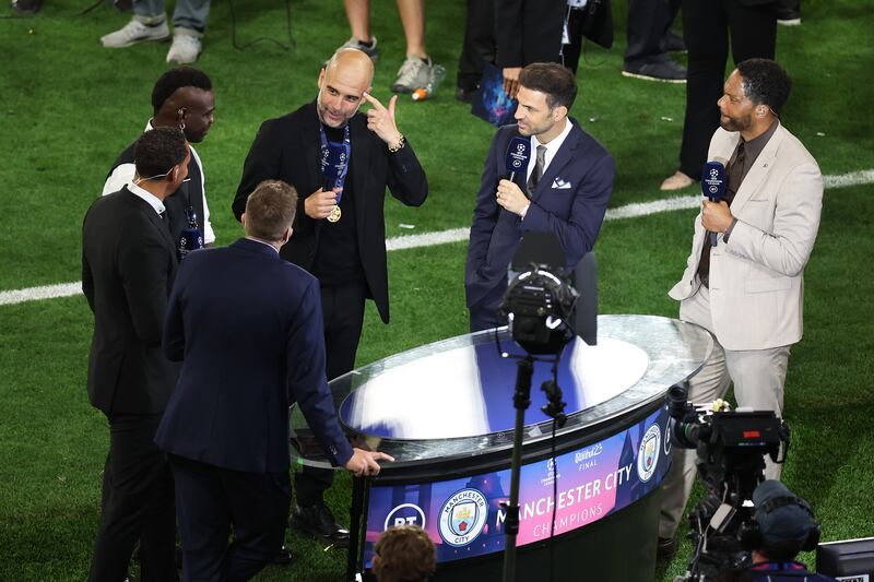 Pep Guardiola spoke to BT Sport after Manchester City's win in the Champions League final. Someone in there is probably about to swear, and Jake Humphrey will be ready to pounce. Photograph: Alex Grimm/Getty Images