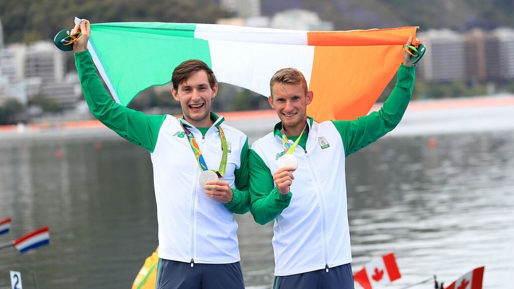 Ireland’s Paul O’Donovan and Gary O’Donovan celebrate winning silver in the Lightweight Men’s Double Sculls at the Rio Olympics. Photograph: MIke Egerton/PA
