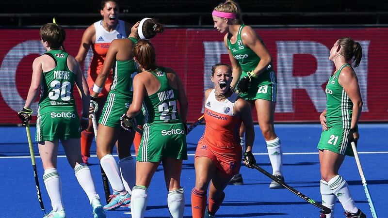 Kelly Jonker of the Netherlands celebrates scoring their second goal against Ireland during the final of the FIH Women’s Hockey World Cup at Lee Valley Hockey and Tennis Centre. Photograph: Daniel Leal-Olivas/AFP/Getty Images