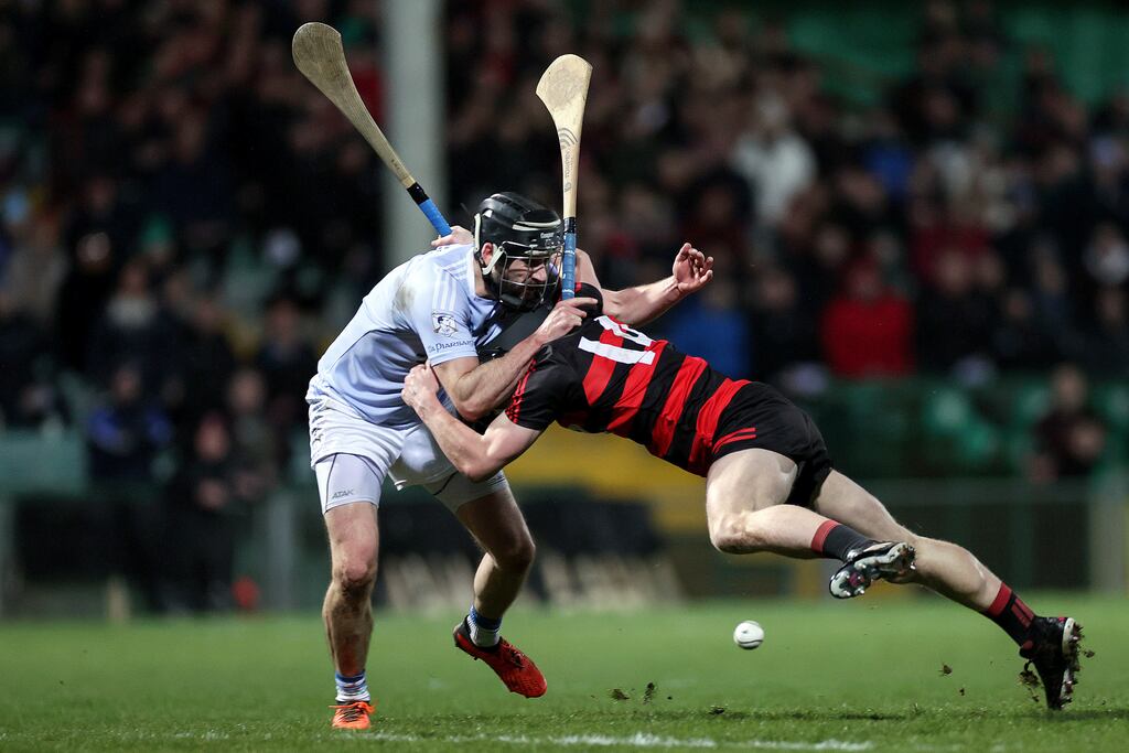 Ballygunner's Kevin Mahony and Cathal King of Na Piarsaigh get stuck into each other in the Munster SHC semi-final in Limerick. Photograph: Laszlo Geczo/Inpho