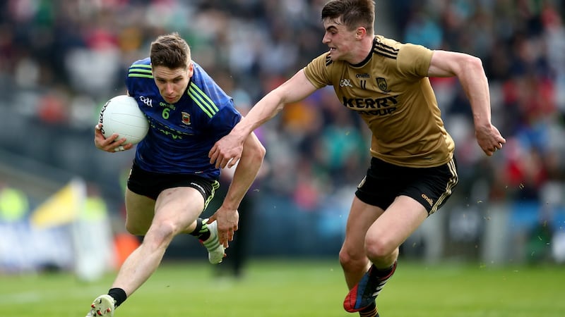 Mayo’s Lee Keegan in action against Kerry’s Seán O’Shea during the Allianz Football League final. “It was very satisfactory. If you’re in any competition, you try and win it. And it was great to win, in Croke Park.” Photograph: James Crombie/Inpho