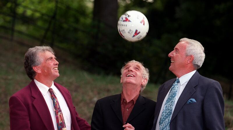 RTÉ sport: Eamon Dunphy with his fellow soccer pundit John Giles and the late host Bill O’Herlihy
