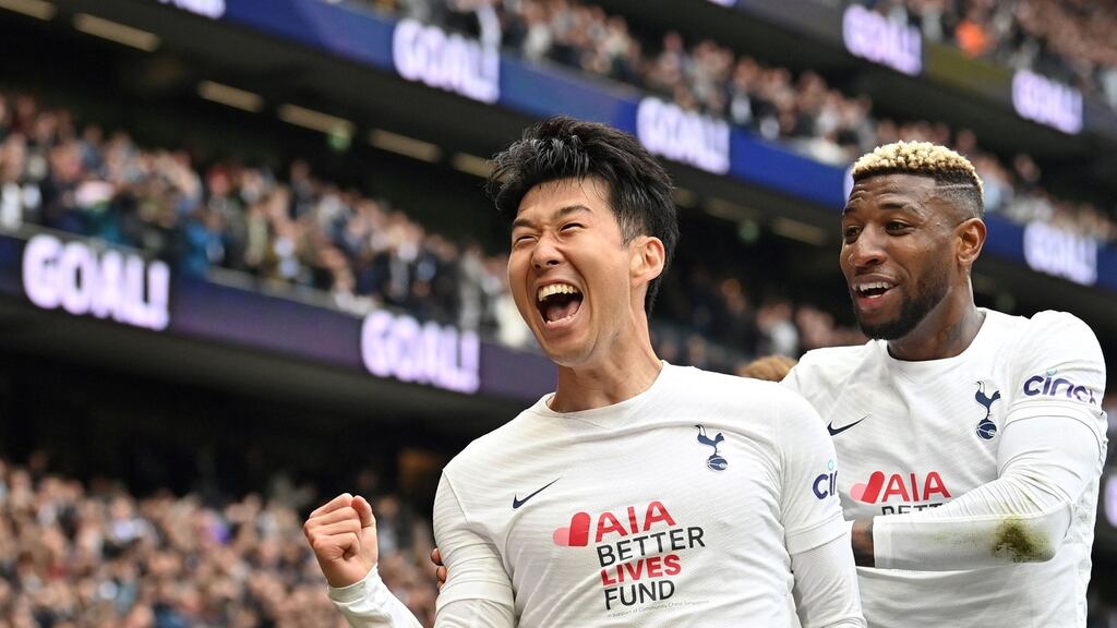 Tottenham Hotspur’s South Korean striker Son Heung-Min celebrates after scoring his second goal and his team’s third during the Premier League match against Leicester City at Tottenham Hotspur Stadium. Photograph: Glyn Kirk/AFP via Getty Images