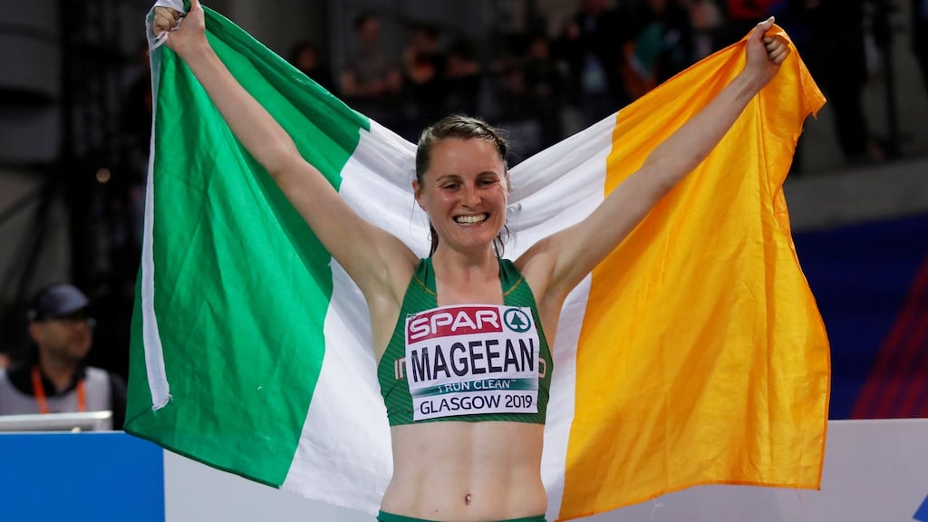 Ireland’s Ciara Mageean celebrates after finishing in third place in the Women’s 1500m final at the European Indoor Athletics Championships. Photograph: Andrew Boyers/Reuters