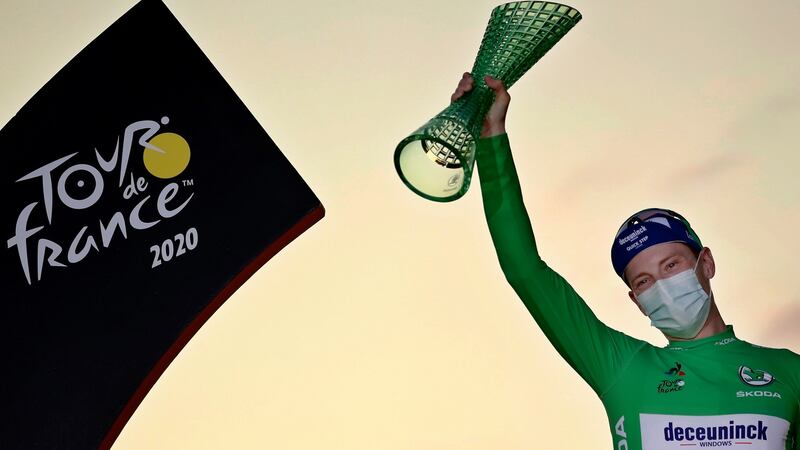 The image of Bennett standing on the Tour podium with the Arc de Triomphe as a backdrop would have been better choice for RTÉ. Photograph: Christophe Petit-Tesson/EPA