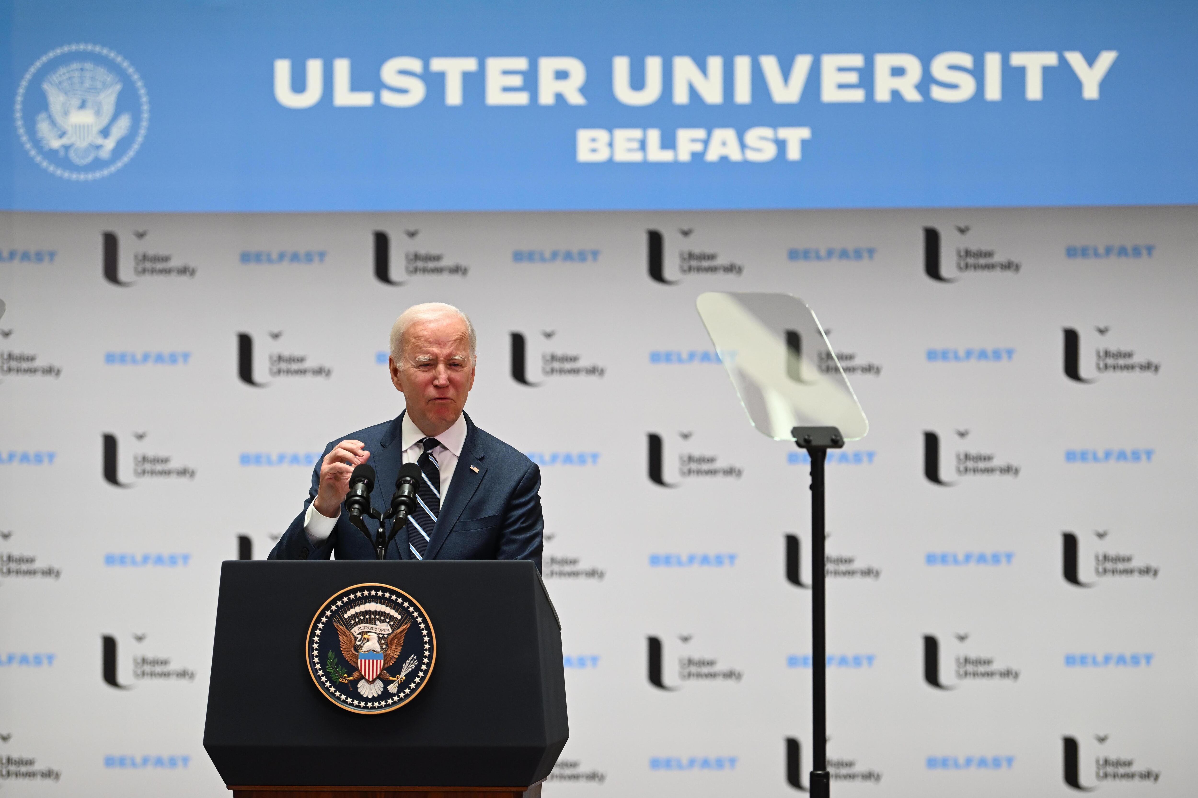 Biden gives a speech at Ulster University on April 12th in Belfast. Photograph: Charles McQuillan/Getty Images