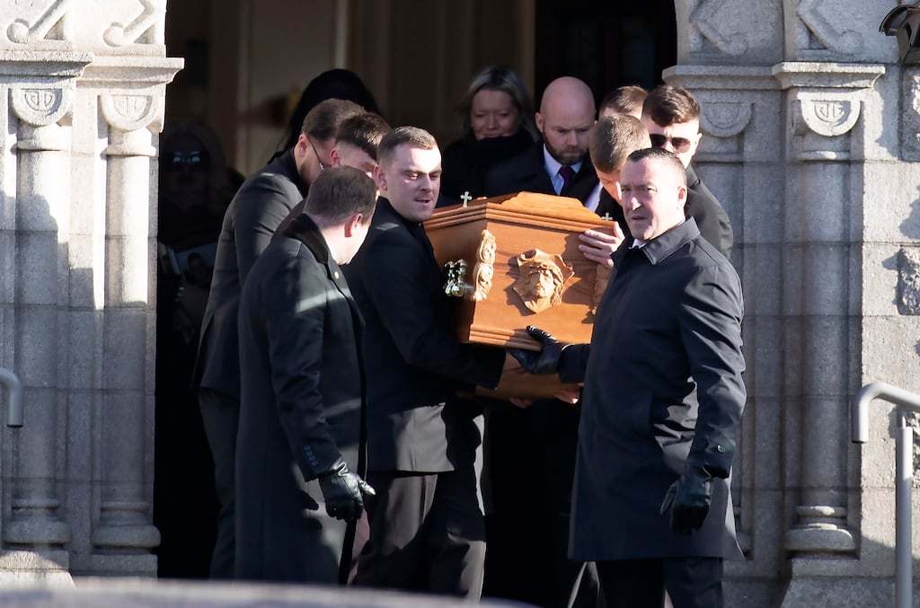 The remains of Tristan Sherry who died during a botched gun attack in a restaurant in Blanchardstown on Christmas eve are taken from St Canice's Church, Finglas on Tuesday after his funeral mass. Photograph: Colin Keegan
