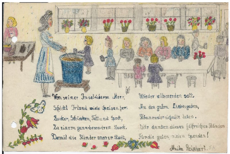 An entry from the 'thank you' album created by German children after the second World War for Irish people to thank them for aid sent to Germany after the war