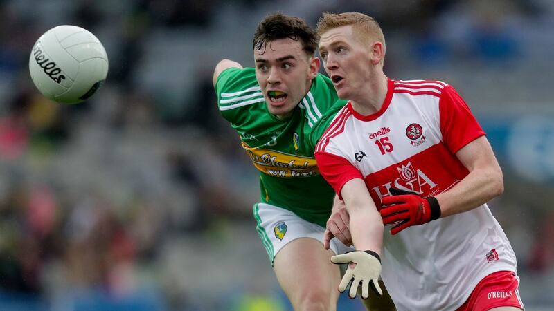 Leitrim’s Dean McGovern in action against Christopher Bradley of Derry during the Allianz Football League Division 4 Final at Croke Park. Photograph: Oisín Keniry/Inpho