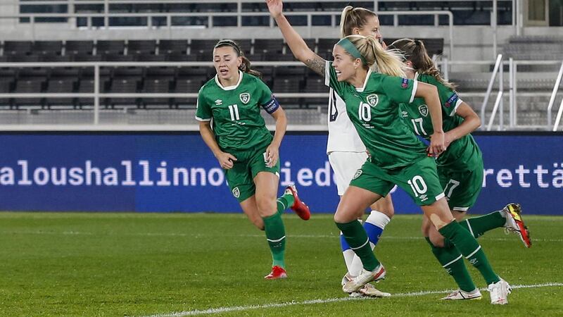 Denise O’Sullivan celebrates after scoring a header against Finland in Ireland’s World Cup qualifier. Photograph: Kalle Parkkinen/Inpho