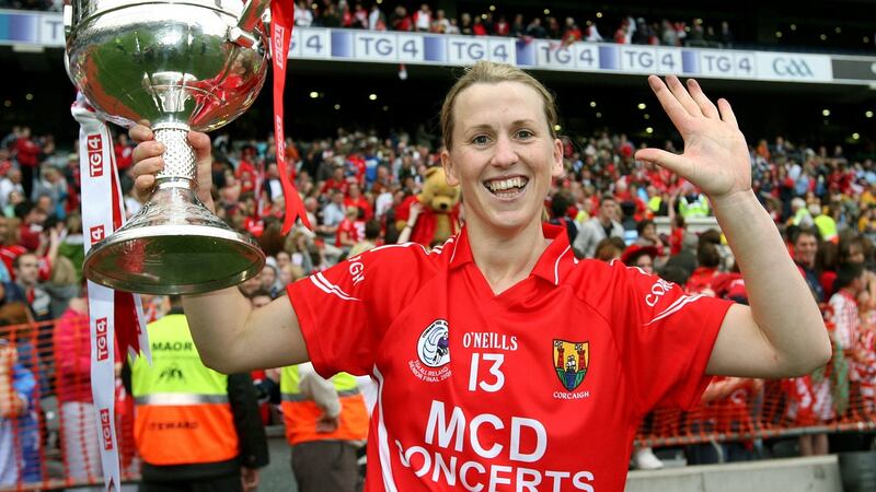 Mary O’Connor celebrating Cork women’s footballers five-in-a-row success after victory over Dublin at Croke Park in 2009.  Photograph: Lorraine O’Sullivan/Inpho